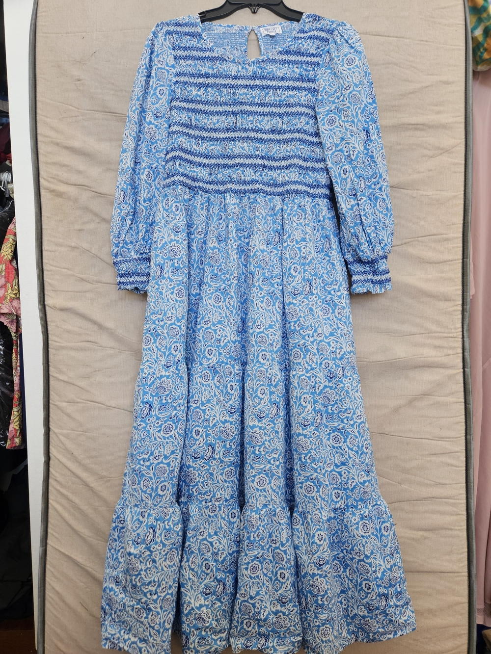 Blue Floral Smocked Maxi Dress with Long Sleeves